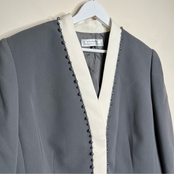 Tahari Arthur S. Levine Pearl Beaded Contrast Blazer Jacket Grey‎ White Size 18 - Picture 3 of 10